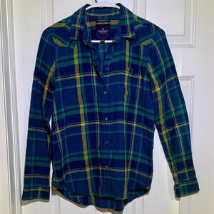 American Eagle Blue, Green, Yellow Slim Plaid Casual Shirt